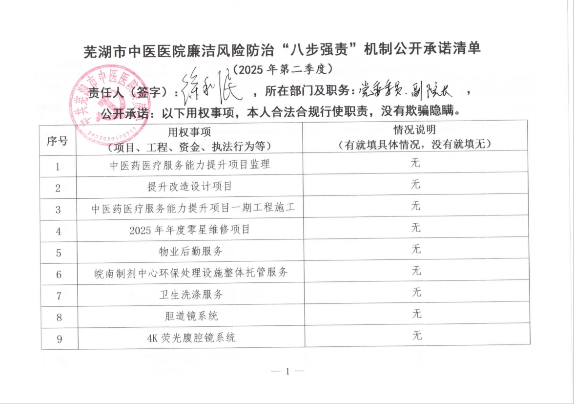 蕪湖市中醫(yī)醫(yī)院廉潔風險防治“八步強責”機制公開承諾清單（分管負責同志）(圖1)